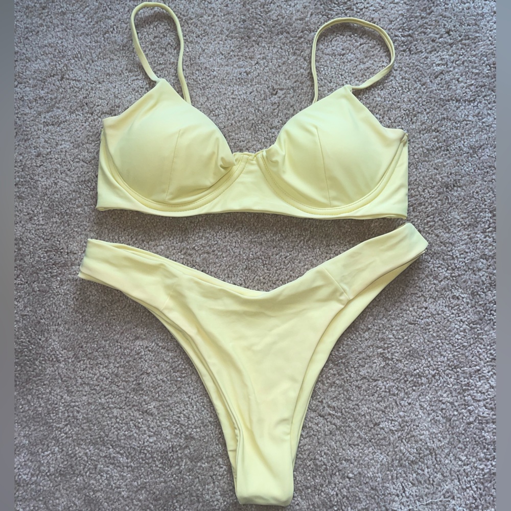 PinkColada Tropez bikini top and Maldives bottoms in light yellow